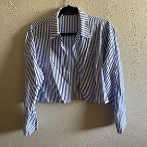 Blue and White Cropped Striped Button-Up Shirt